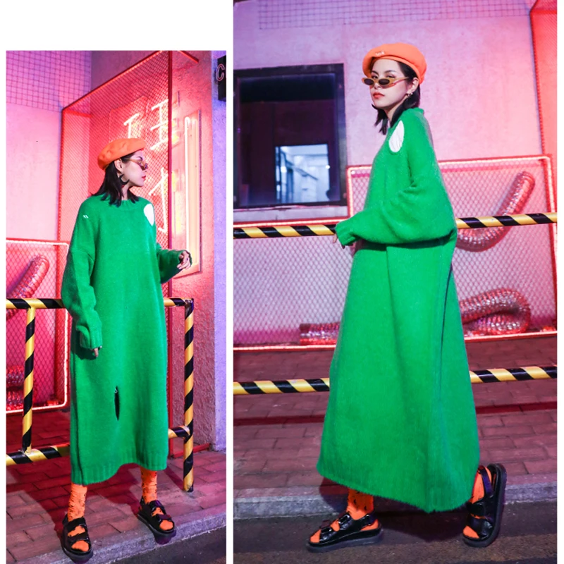 [EAM] Women Hollow Out Big Size Knitted Dress New Round Neck Long Sleeve Loose Fit Fashion Tide Spring Autumn 19A-a400
