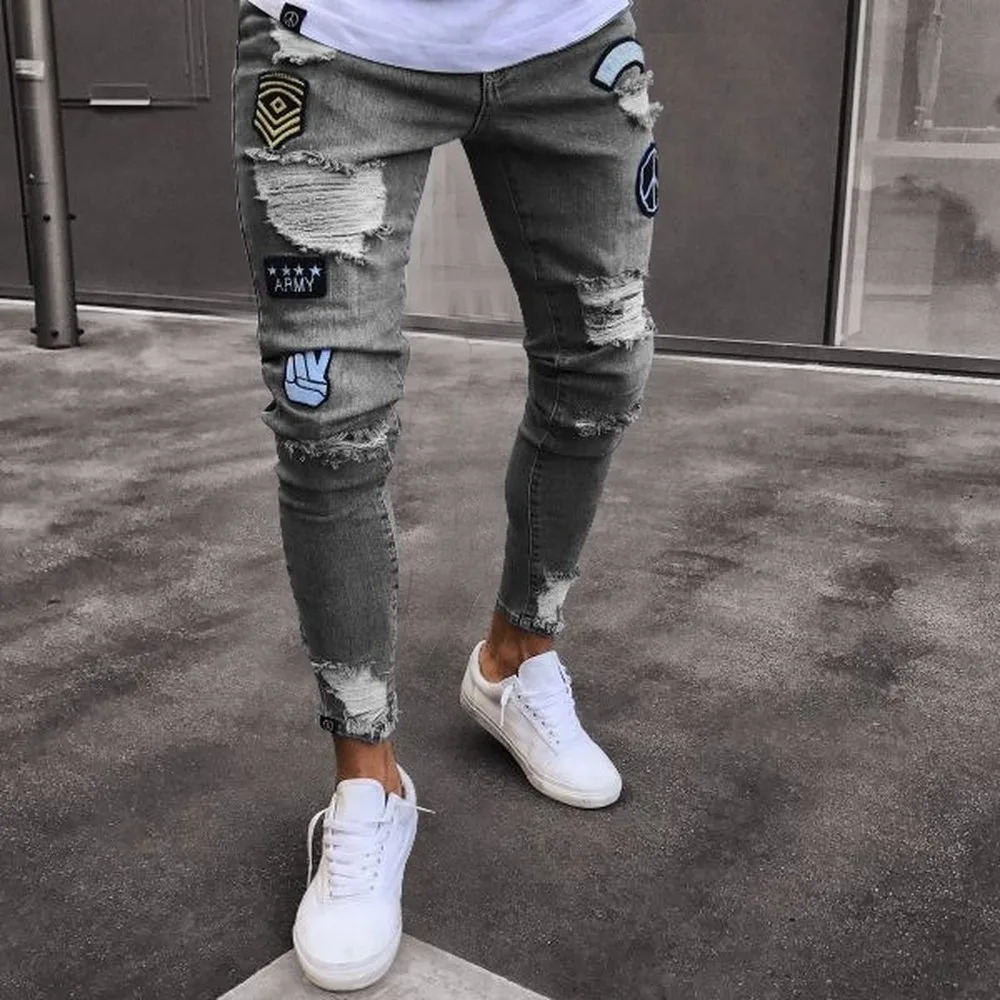 En oferta Pantalones de lápiz largos rasgados para hombre y niño, Vaqueros azules ajustados con agujeros de primavera, ropa informal ajustada a la moda, ropa de hip hop, 2021 oXKqOYgz