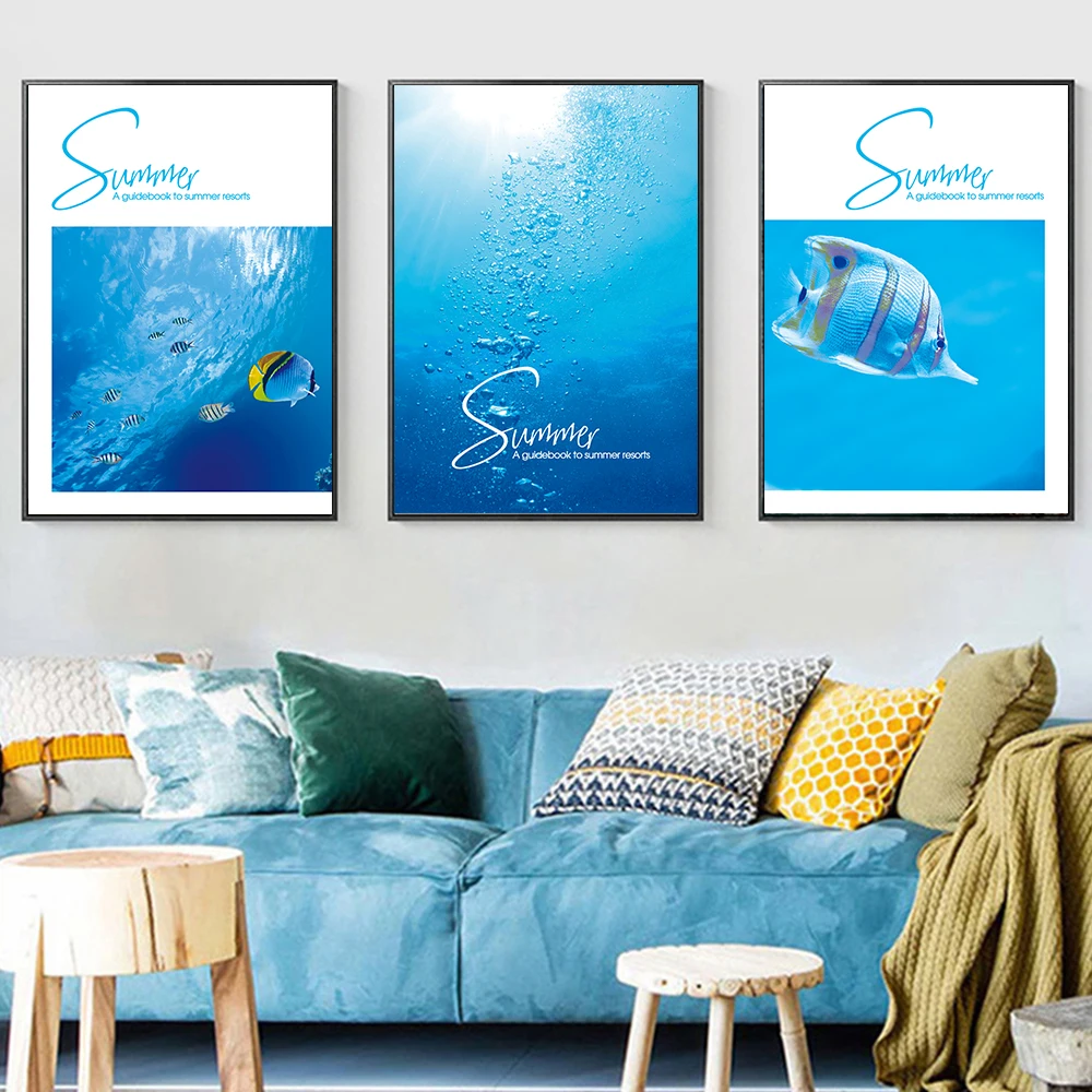 

Blue Ocean Sea Fish Photography Picture Print on Canvas Summer Quote Poster Modern Wall Art for Bathroom Living Room Decoration