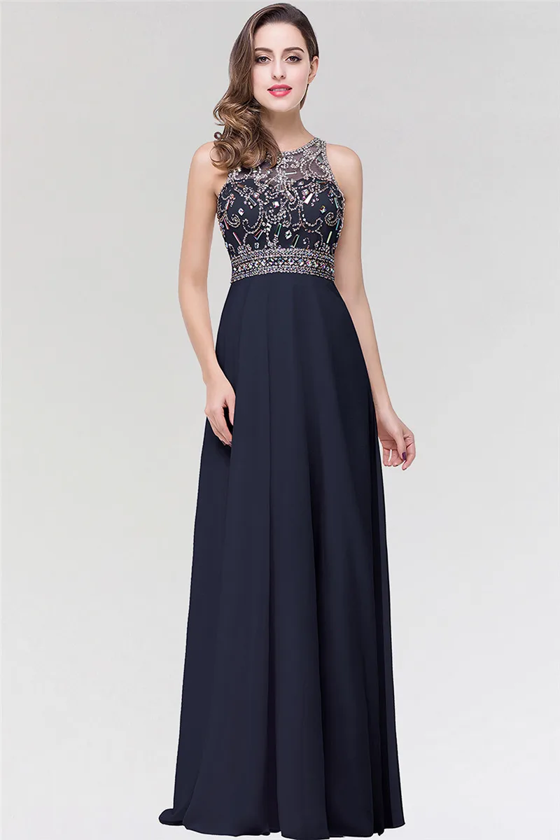 Vestido de Festa длинное вечернее платье с кристаллами очаровательное вечернее платье с бисером сзади длинное вечернее платье - Цвет: Тёмно-синий