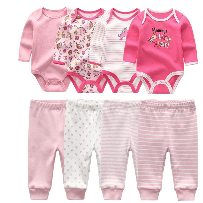 4pcs Baby Bodysuits + 4pcs Baby Pants Newborn Clothes Sets Winter Cotton Suits girls boys Clothing