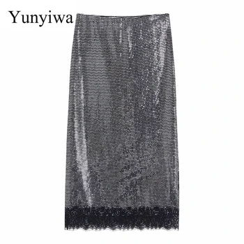 

New Women Fashion Solid Color Hem Lace Patchwork Sequins Straight Skirt Faldas Mujer Ladies Stylish Chic Slimming Skirts