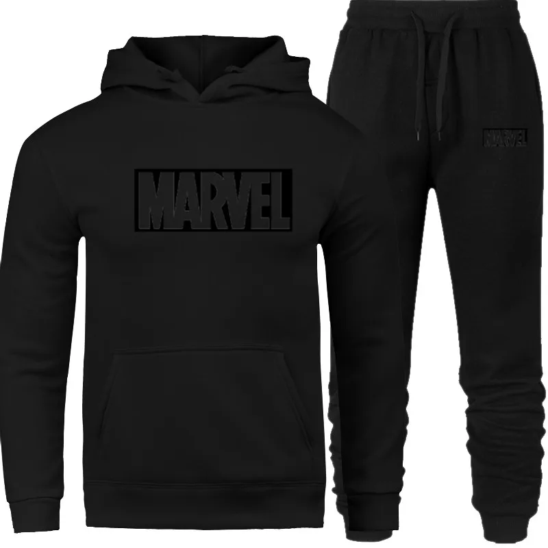 SET-01-hei-MARVEL Брендовый спортивный костюм с принтом MARVEL Модные мужские спортивные толстовки комплекты из двух предметов флисовая плотная Толстовка+ штаны спортивный костюм для мужчин - Цвет: SET-01-hei-MARVEL