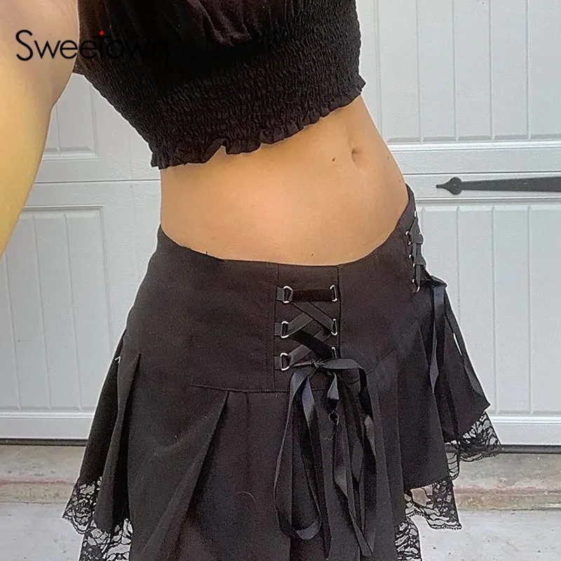 Mini Jupe Plissée Gothique Punk Pour Femme - Taille Haute, Lacets, Chaîne - Style Harajuku, Grunge, Lolita