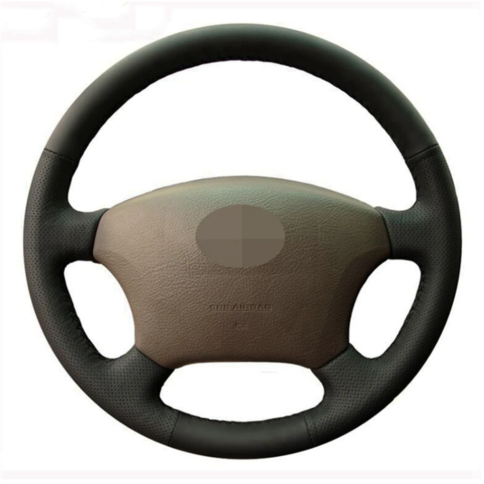 Black Genuine Leather DIY Hand-stitched Car Steering Wheel Cover for Toyota Land Cruiser Prado 120