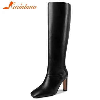 

karinluna Classics New Arrival On Sale Dropship Big Size 43 Square Toe Slip-On Strange Style Heels Solid Knee High Boots