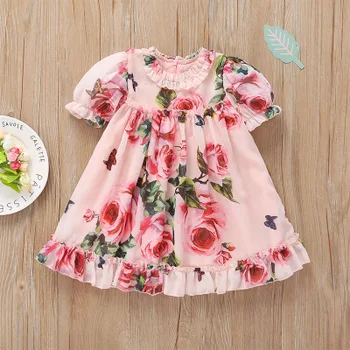 

Korean Girls Floral Print Chiffon Princess Dress Sweet Clothes For Children Baby Girl Summer Pink Color Clothes