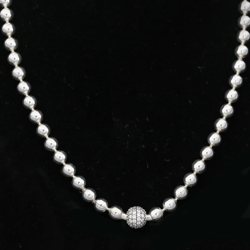 

New 925 Sterling Silver Silver Beads & Pave Crystal Sliding Necklace Fit Fashion Original Bead Charm Bracelet DIY Jewelry