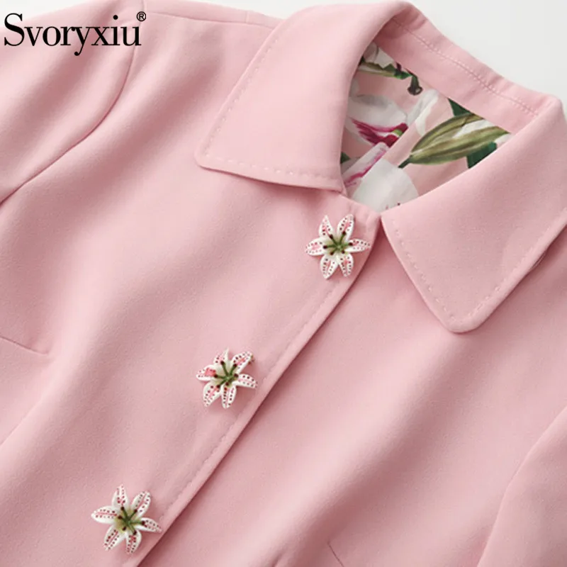 Beste Svoryxiu Designer Herfst Winter Roze Lange Trenchcoat vrouwen lelie Bloem Print Voering Custom Single Breasted Jas Uitloper