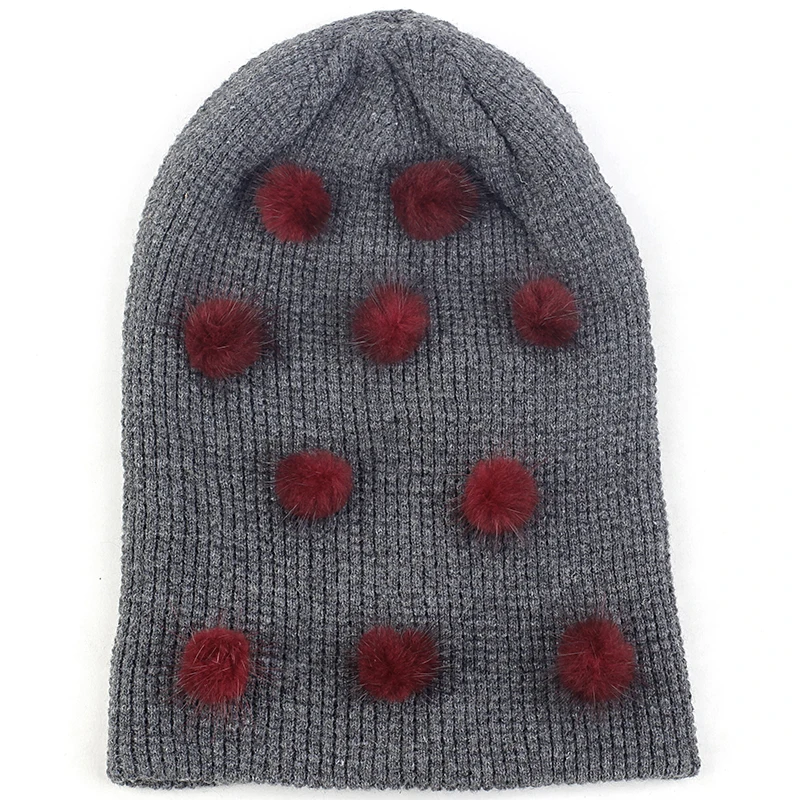 red dark gray Charm wood, кашемировая шапочка для взрослых, Осень-зима, теплая шапка с черепом, шапка бини, пуловер, манжета, шапка с маленьким помпоном, аксессуары в горошек - Цвет: red dark gray