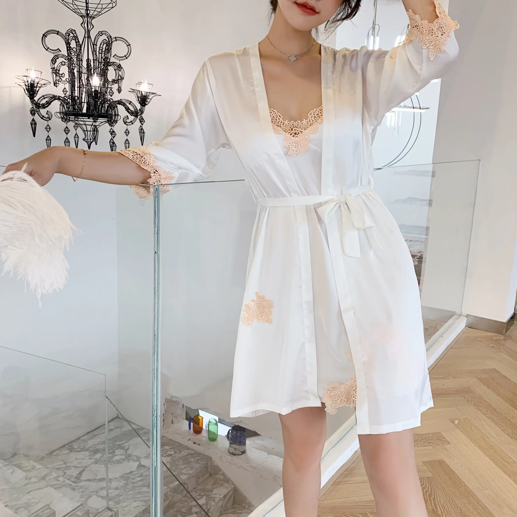 Summer New 2 Pcs Set Women Pyjama Solid Color High Quality Lace Sexy Sleepwear With Chest Pad Pajamas