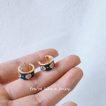 

925 Silver Plated Enamel Morandi Elegant New Style Retro Half-Simple Earrings Ear Stud Women's