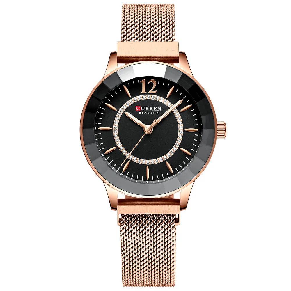 CURREN 9066, Роскошные Кварцевые часы, модный дизайн, очаровательные Стразы, женские часы с ремешком из нержавеющей стали, женские часы, reloj mujer - Цвет: Розовый
