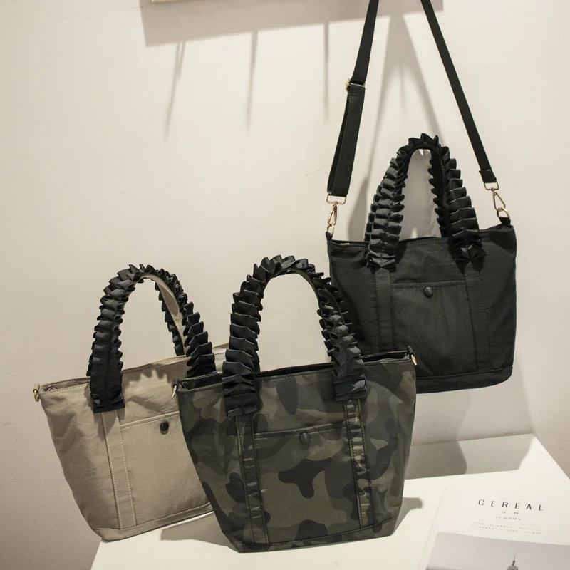 

Women Stylish Ruffled Lace Handle Tote Bag Crossbody Bag for Women Camouflage Nylon Handbag Ladies Travel Shoulder Bag Black Bag