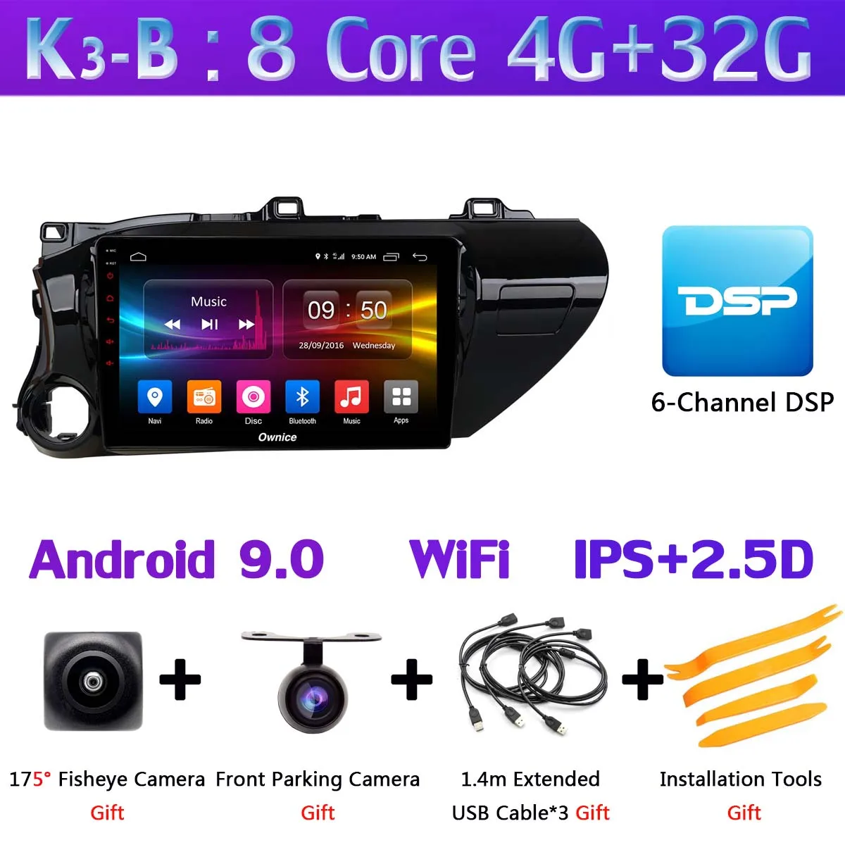 K3-B 360 ° панорамный Android 9,0 8Core 4G+ 64G Автомобильный мультимедийный плеер для Toyota Hilux gps компактное минирадио CarPlay - Цвет: K3-B