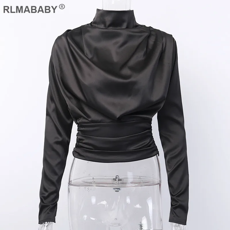 Black Shirt Rlmaaby, Женская Сексуальная футболка со стоячим воротником и рюшами, с длинным рукавом, с открытой спиной, весна-лето, женские топы, черная Мягкая атласная футболка - Цвет: Black Shirt