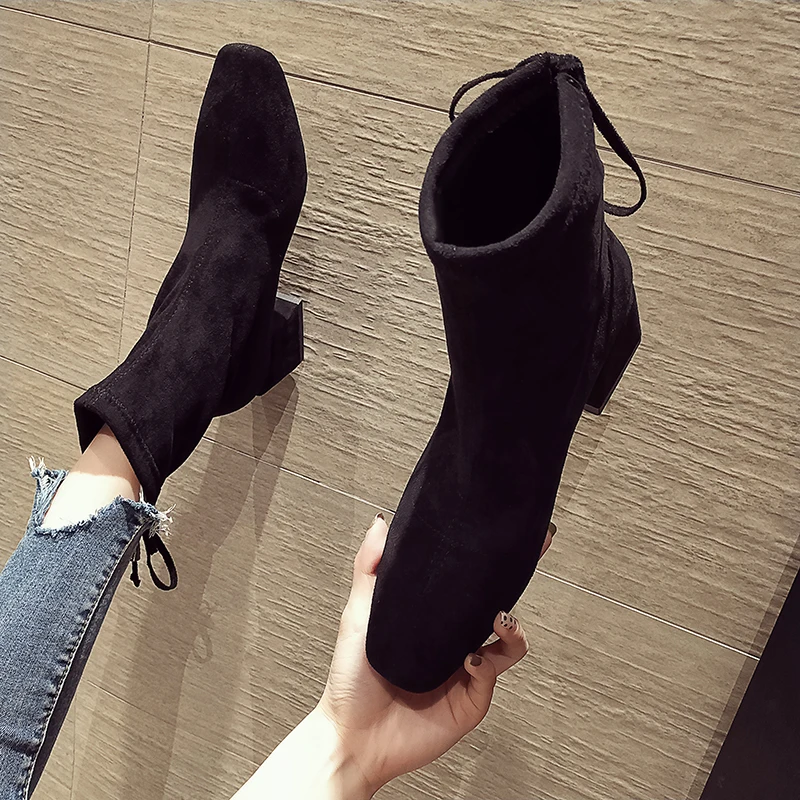 3 Ботинки «Челси» в 4 стилях; Черные Ботинки martin из флока с острым носком; botas; женские ботинки до середины икры на массивном каблуке; bottes femme; зимние короткие модные ботинки - Цвет: 3