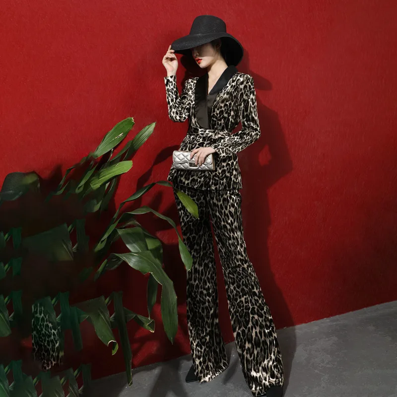 

Fashion Tide Autumn And Winter New Thin Fashion Temperament Leopard Lapels Jacket Wide Leg Pants Suit Female Two-piece PB927