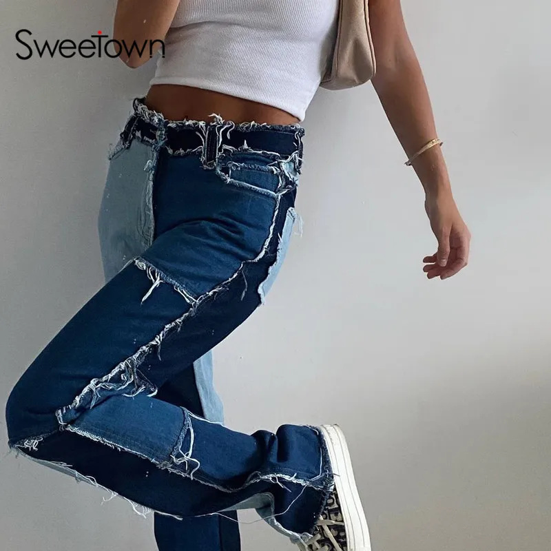 Женские прямые джинсовые брюки Sweetown в стиле панк рок уличная одежда 90s осенние
