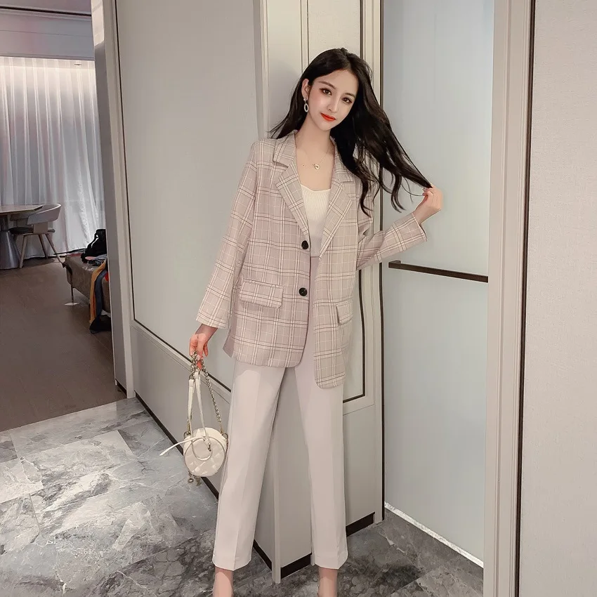 

2019 Autumn New Style Retro Hong Kong Flavor Unisex Versatile Japanese Style College WOMEN'S Dress Thin Plaid Small Suit Coat Fa