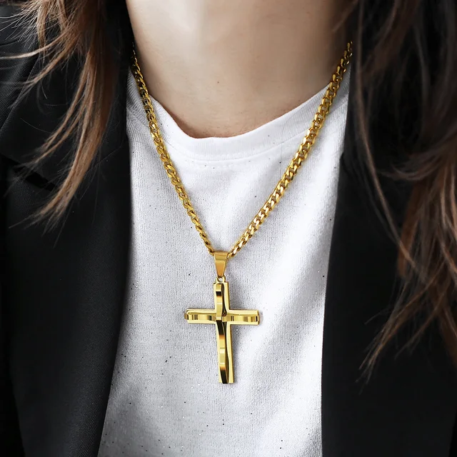 Gold Cross Real 14k Gold Chain Cross Pendant Necklace SET Miami