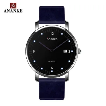 

Ananke Mens Watches Leather Buckle Strap Auto Date Simple Hardlex Dial Waterproof and Shock Resistant Quartz Wristwatch AN02