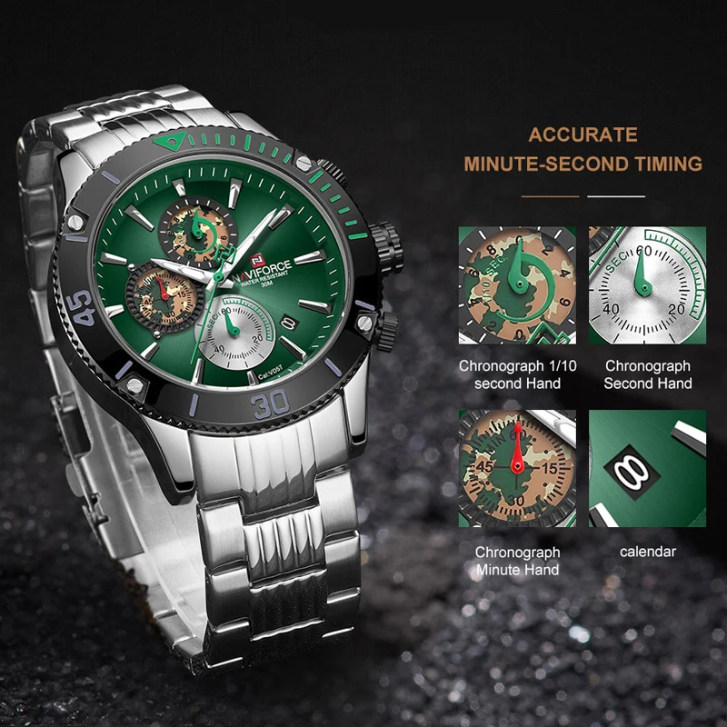 Top Luxury Brand NAVIFORCE Men Watch Fashion Silver Green Mens Quartz Watches Male Stainless Steel Sport Waterproof Wristwatches