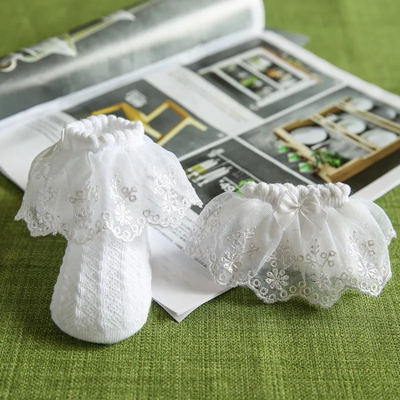 Spring Summer Children Lace-up Short Socks Girls Pearl Mesh Foot Sock with Holes Bow Thin Cotton Baby Socks