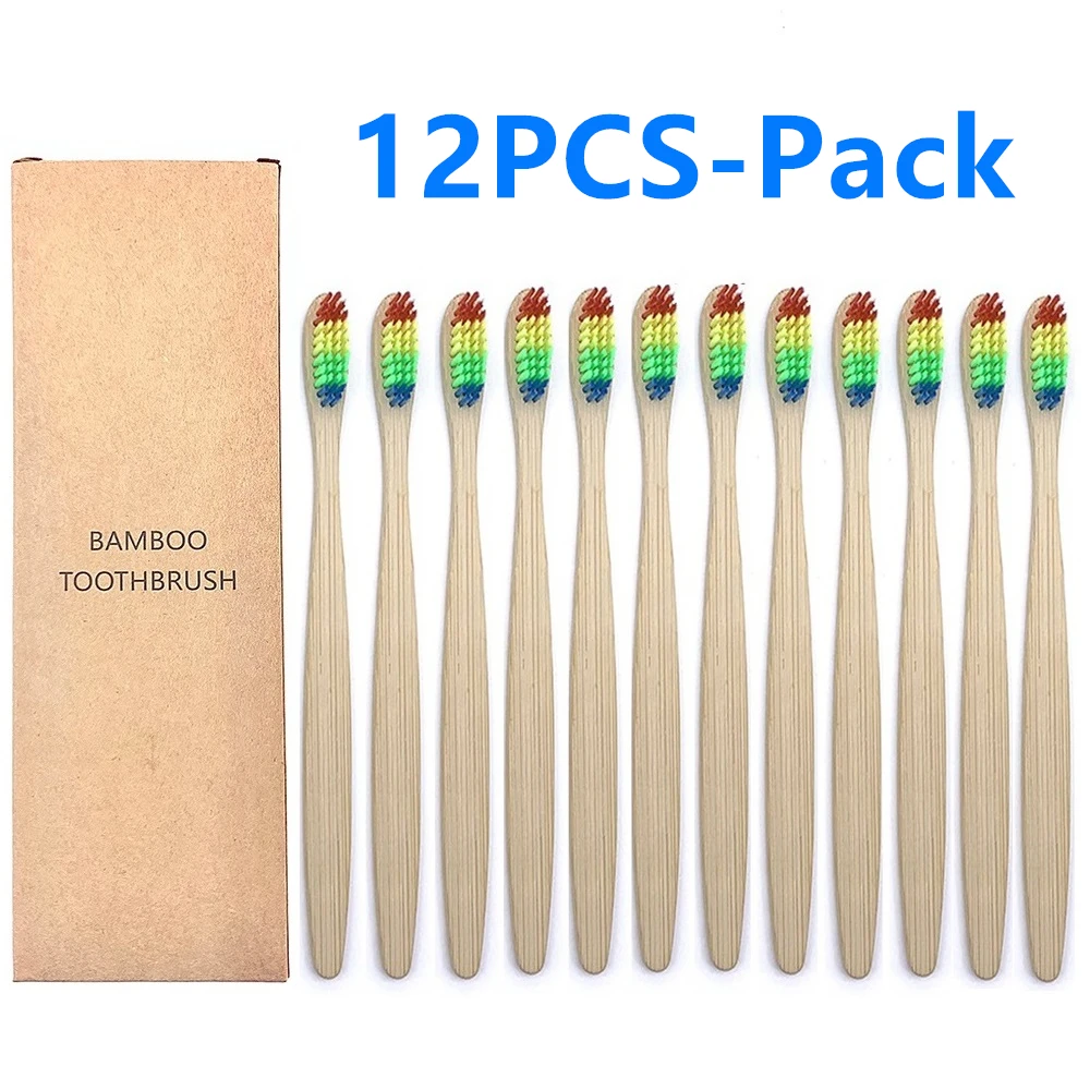 12 Pcs Bamboo Toothbrush Eco-Friendly Product Vegan Tooth Brush Rainbow Black Wooden Soft Fibre Adults Travel Set For Oral Care | Красота и