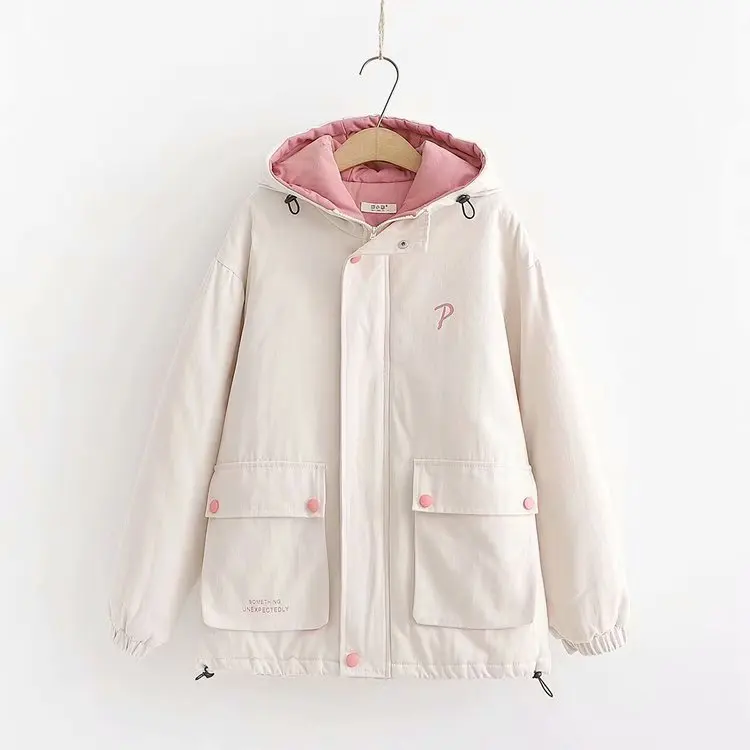 

Korean-style Winter New Style Western Style Sweet Loose-Fit Mixed Colors Hooded Dual Pocket Thick Warm Soft Girl Cotton-padded C