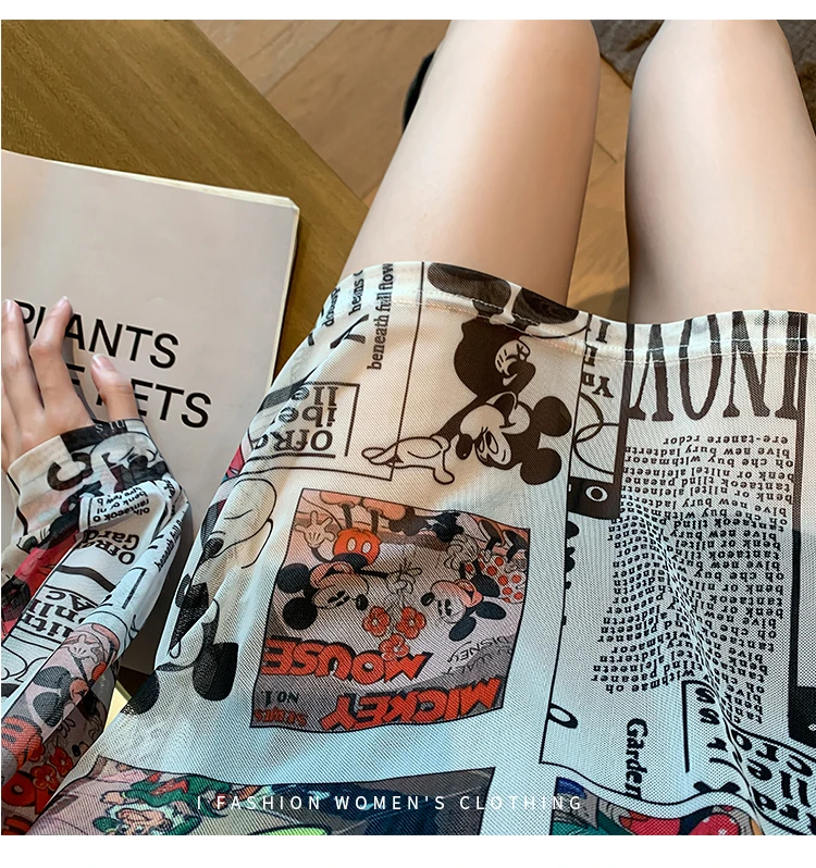 Disney 2021 Summer Famous Anime Mickey Mouse Brand Mesh Shirt Women Sun Protection Transparent Long Sleeve Blouse Ladies T-shirt