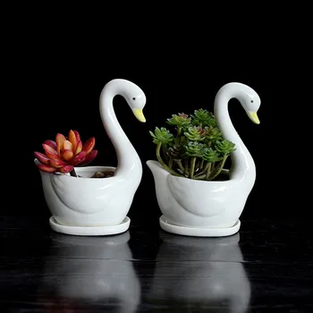 

White Swan Small Flower Pot Personality Ceramic Crafts Office Home Decoration Gardening Creative Flower Pot