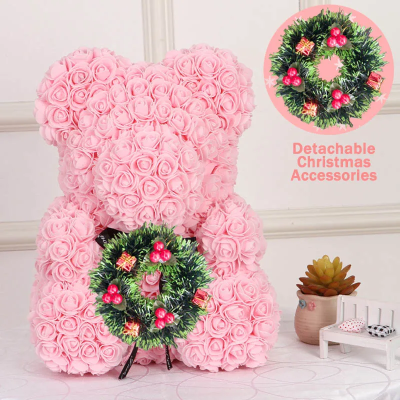 Christmas Gift 40cm Red Bear Rose Artificial Soap Roses Teddi Bear Eternal Rose Flower Valentine Garland Gift Girl Friend Love