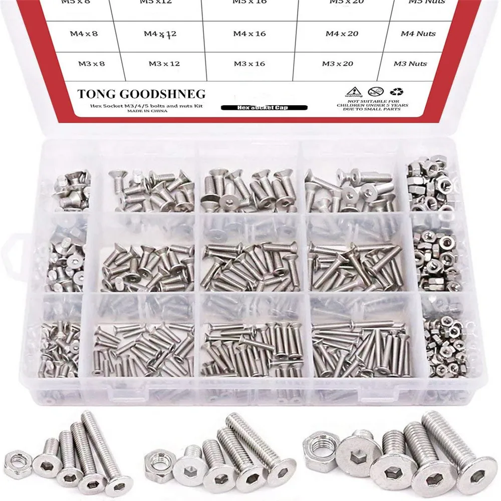 

M3 M4 M5 Stainless Steel Flat Head Hex Socket Head Cap Bolts Screws Nuts Assortment Kit,Fasteners Machine Screws Hardware