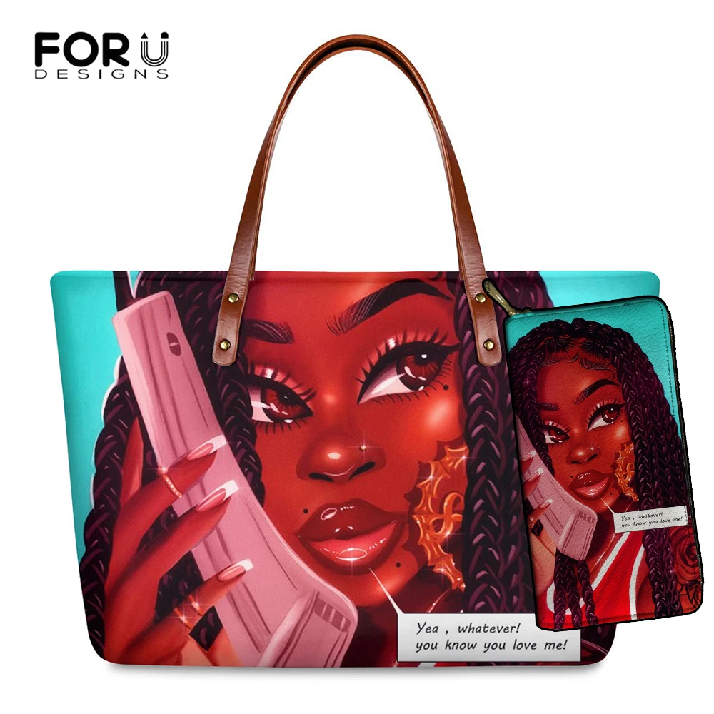 

FORUDESIGNS Brand Luxury Design Handbags Women Black Art African Girl Printing 2pcs/set Hand Bag&Wallet Females Top-Handle Bags