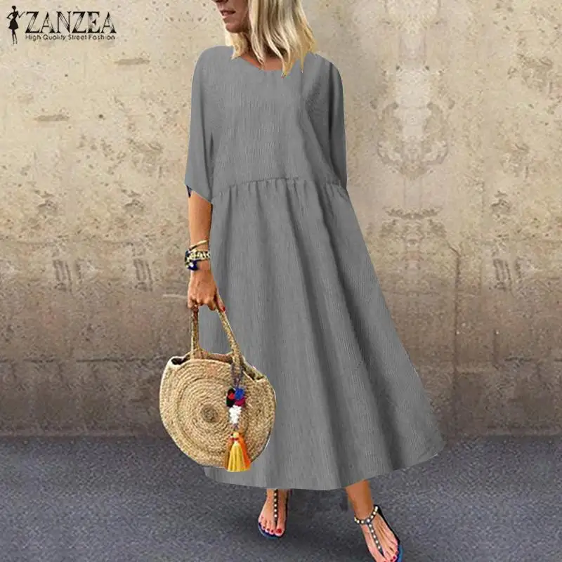 Для женщин в полоску длинное платье макси Vestidos ZANZEA плюс Размеры из хлопка и льна с круглым вырезом длинное платье-туника Летний Пляжный Сарафан