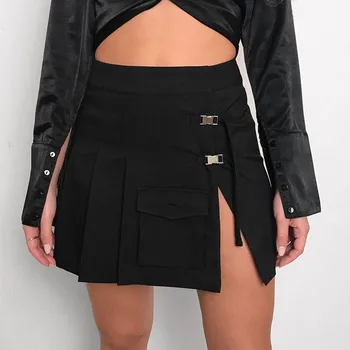 

SUCHCUTE split women pleated mini skirt high waist streetwear spring 2020 A-line Skirts streetwear solid female party outfits