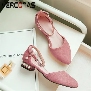 

VERCONAS 2020 Woman Sandals Woman Pumps Classic Design Pearl Decoration Rhinestone Pointed Toe Square High Heeled Shoes Woman
