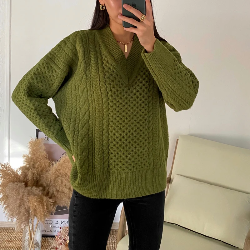 Зимний стильный зеленый свитер с V-образным вырезом в стиле ретро большой толстый