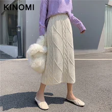 KINOMI, Осень-зима, шикарные женские вязаные длинные юбки с высокой талией, Harajuku, тюлевые прямые юбки до середины икры для вечеринок, женские юбки, новинка