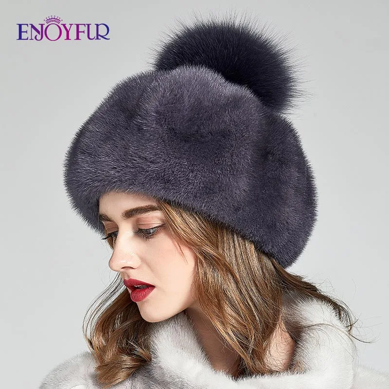 ENJOYFUR полностью из норки меховые зимние шапки для женщин роскошный натуральный мех шапка с помпоном Женская мода восьмиугольная шляпа новые теплые шапочки