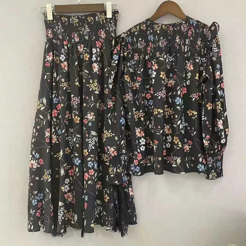 

High Quality Skirt Suits 2021 Autumn Fashion 2 Piece Set Women Vintage Floral Print Long Sleeve Tops Blouse+Elastic Waist Skirt