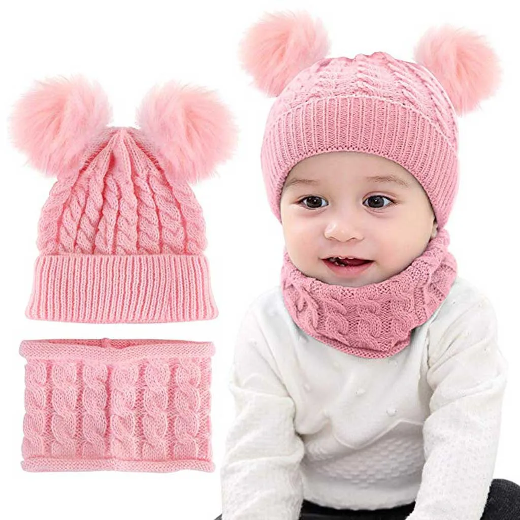 Для детей 0-2 лет, зимняя Детская Шапка, шарф, для новорожденных детей, для маленьких мальчиков и девочек, с помпонами, теплая вязаная вязанная крючком шапочка, Шапка, шарф, Шапка для детей