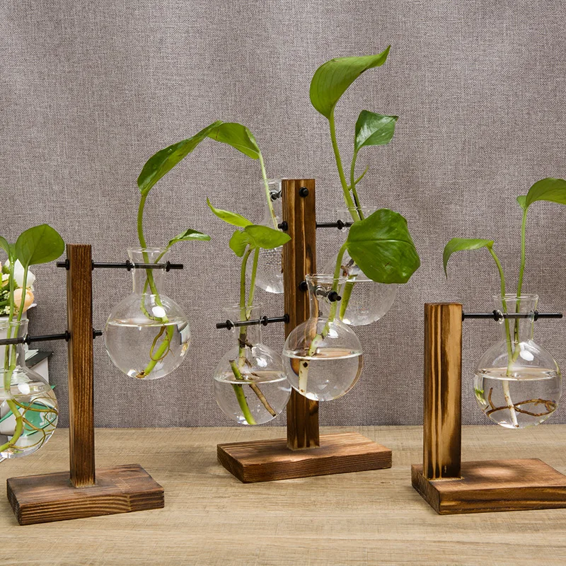 Tabletop Vintage Hydroponic Plant Vases Flower Pot Glass Vase Wooden Frame 