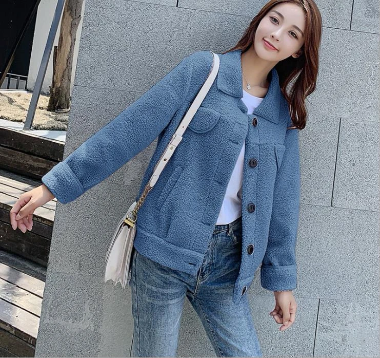 blue Женское короткое пальто из овечьего меха, Осень-зима, новая куртка из овечьего меха, Женская свободная повседневная меховая верхняя одежда, casaco feminino - Цвет: blue