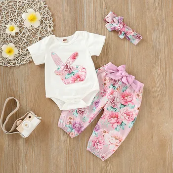 

3M-18M Girls Set Infant Baby Girls Easter Day Rabbit Bodysuit Romper+Floral Print Pants Outfits Baby Girls Clothes