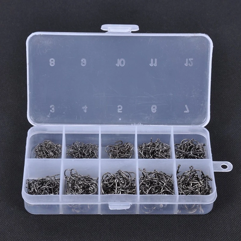500 pcs Fish Jig Hooks with Hole Fishing Tackle Box Carbon Steel Gray-black
