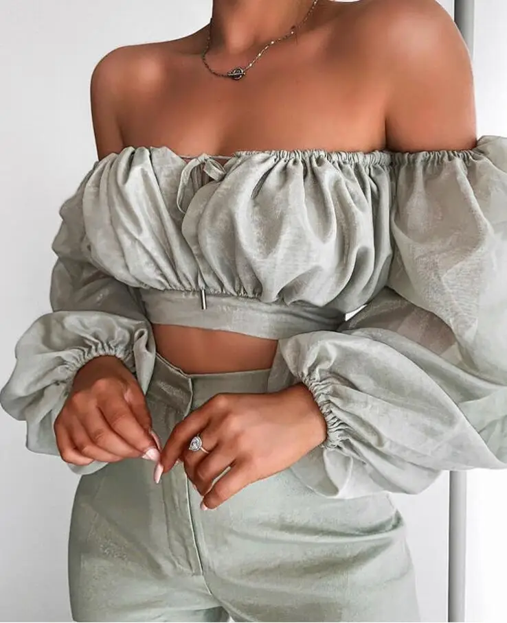 

High Quality Mint Slash Neck 2 Pieces Set Rayon Bandage Set Homecoming Party Set