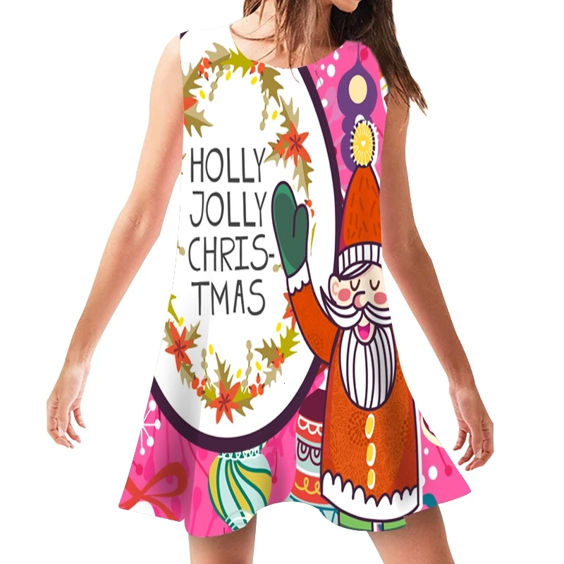 

Female Casual Christmas Dresses Women Summer Loose Dress O Neck Swing Beach Wear 2019 Sleeveless Sundress Kerst Clothing
