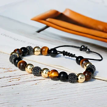 

New Micro Pave CZ 8mm Disco Ball & Bar Charms Bracelets Homme Classic Tiger Eye Beads Stone Bracelet Men Jewelry bileklik
